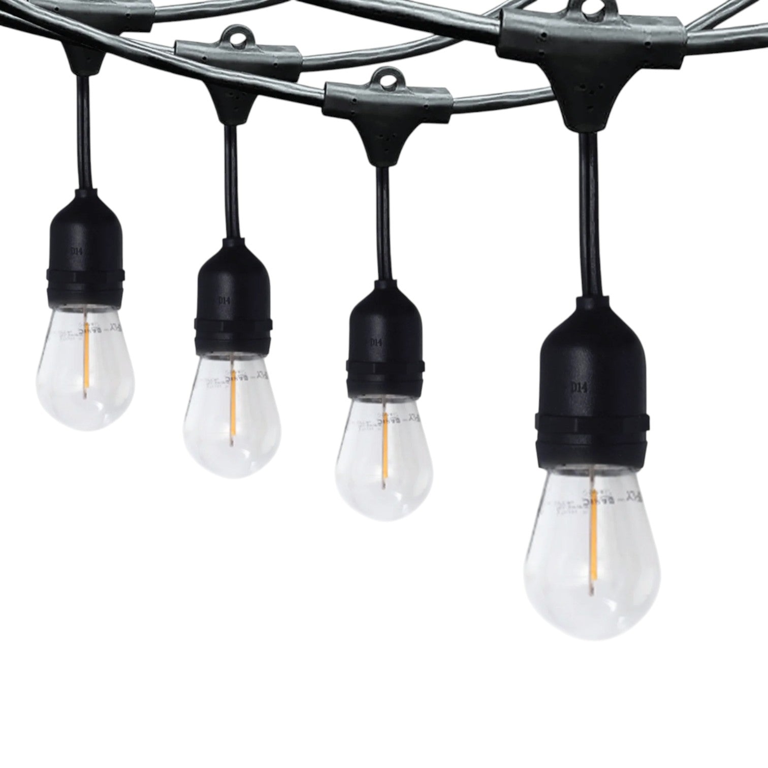 String of outdoor lights with clear bulbs and black connectors on a white background