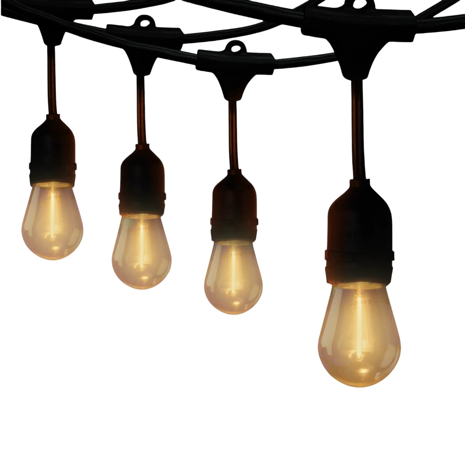 String of outdoor lights with four illuminated bulbs on a white background