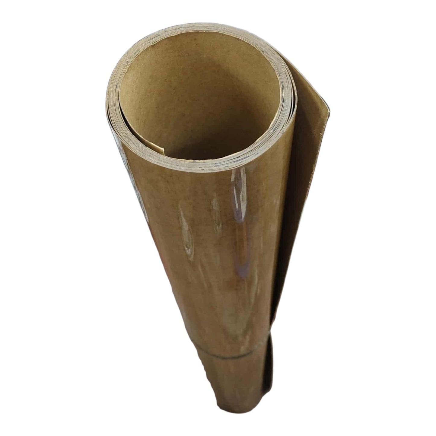 A roll of brown kraft paper or cardboard sheet material, partially unrolled to show the texture and thickness, isolated on a white background.
