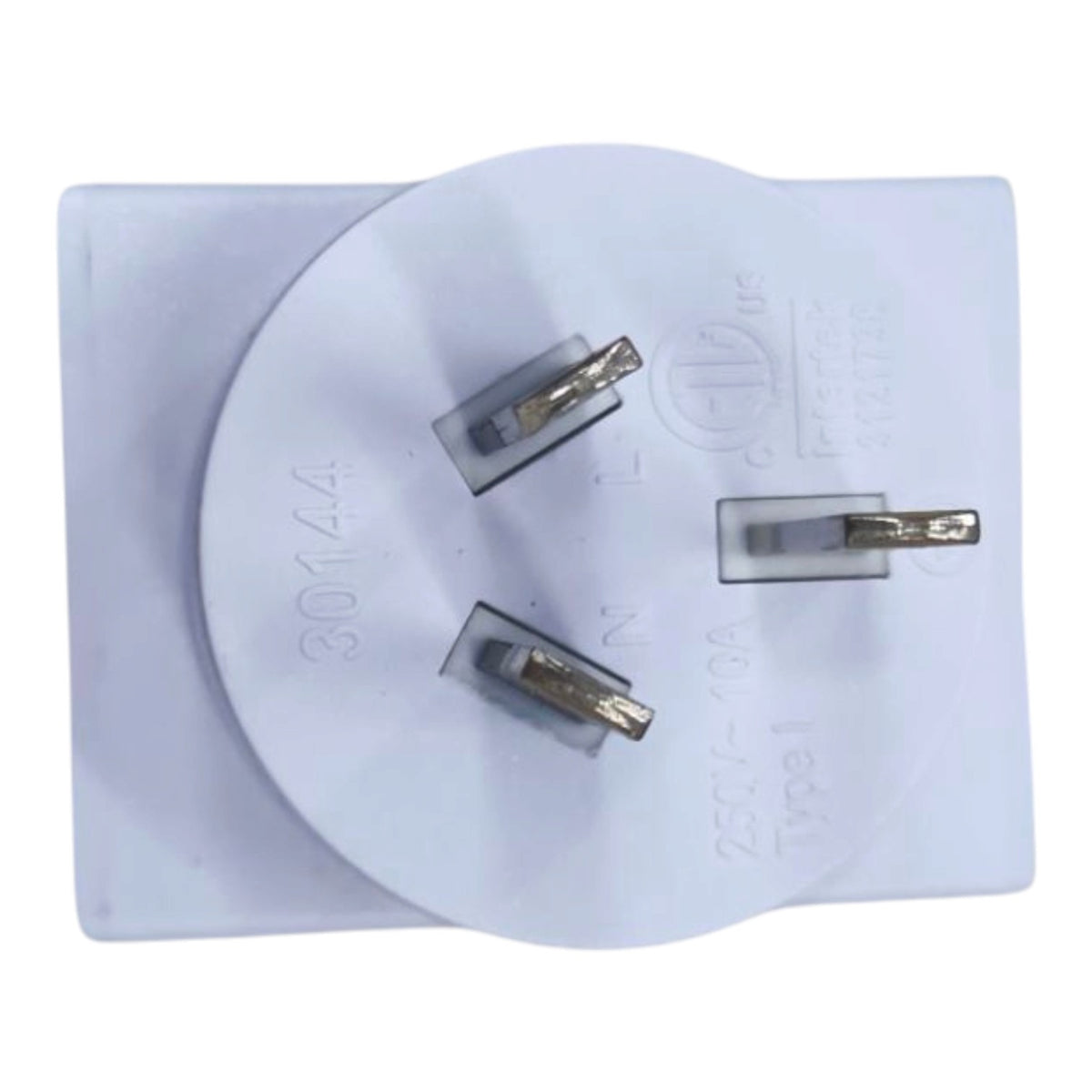 A white plastic US plug adapter with three metal pins, shown against a plain white background.
