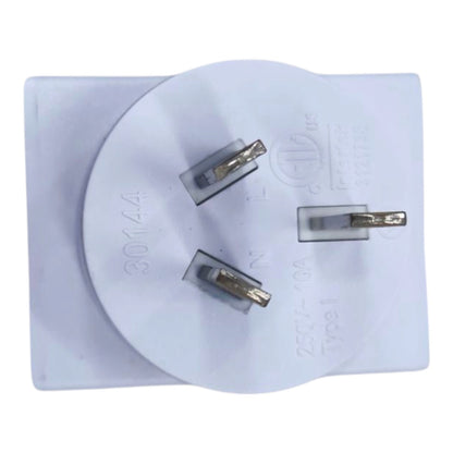 A white plastic US plug adapter with three metal pins, shown against a plain white background.