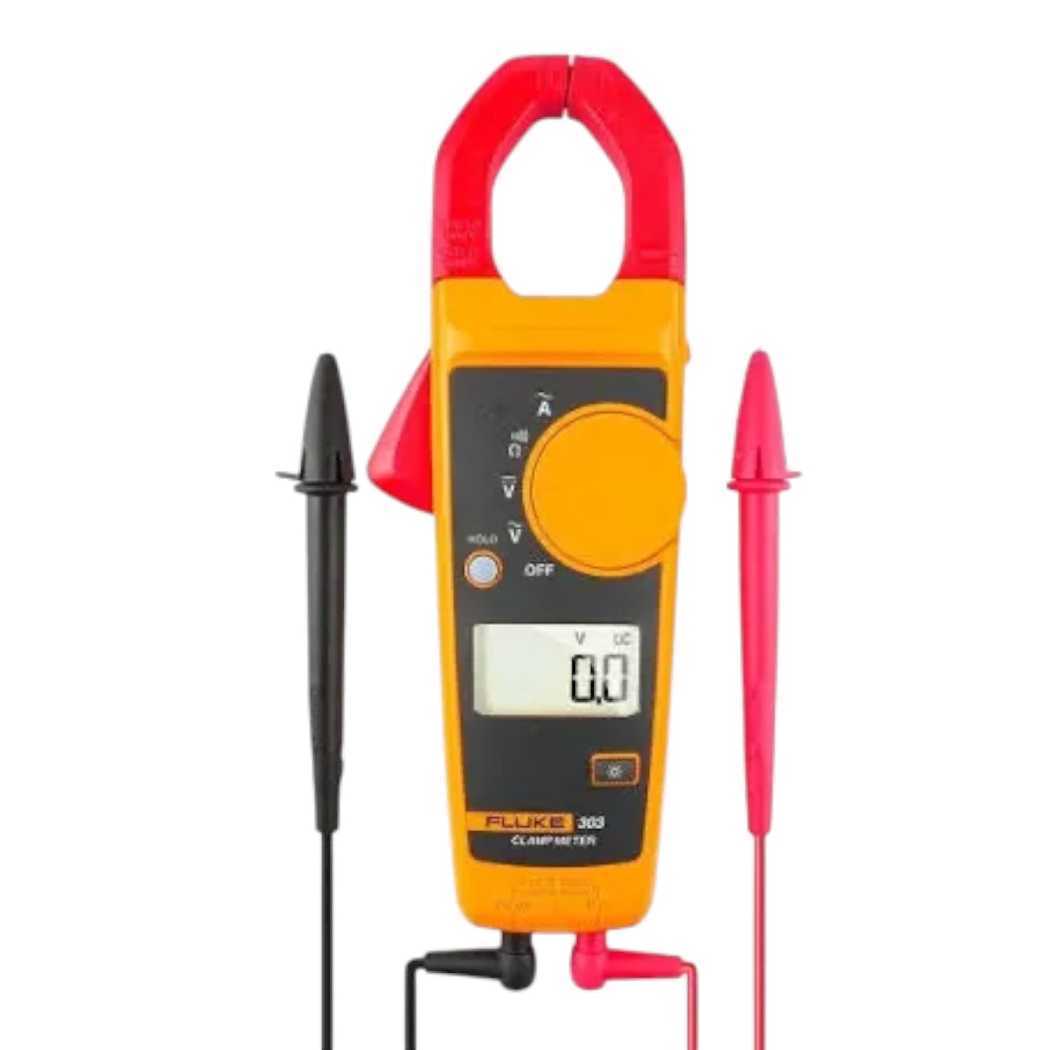 Fluke 303 Cypher 150 clamp meter with yellow and red body, black and red test leads, shown on a white background.
