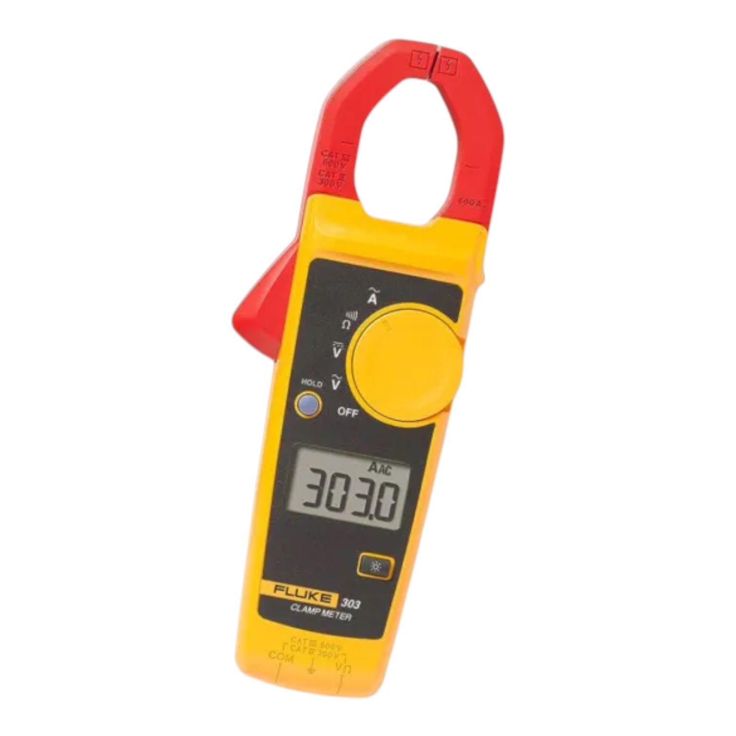A Fluke 303 clamp meter in yellow and red with a black faceplate and digital LCD screen, shown on a plain white background.