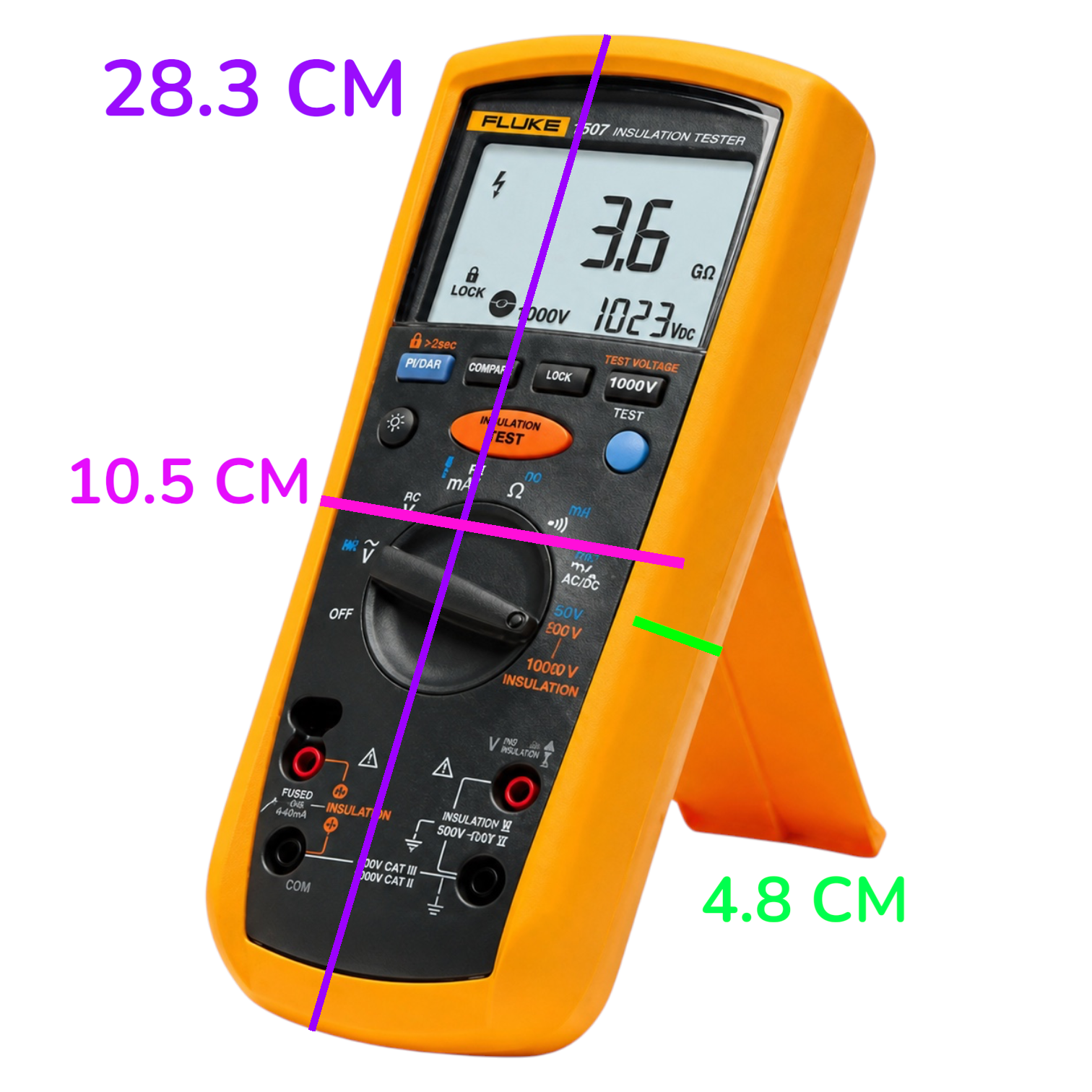 A Fluke 8910T insulation tester multimeter with a bright orange casing and black face, shown on a white background with purple, pink, green, and gray dimension lines and text indicating measurements of 28.3 cm, 10.