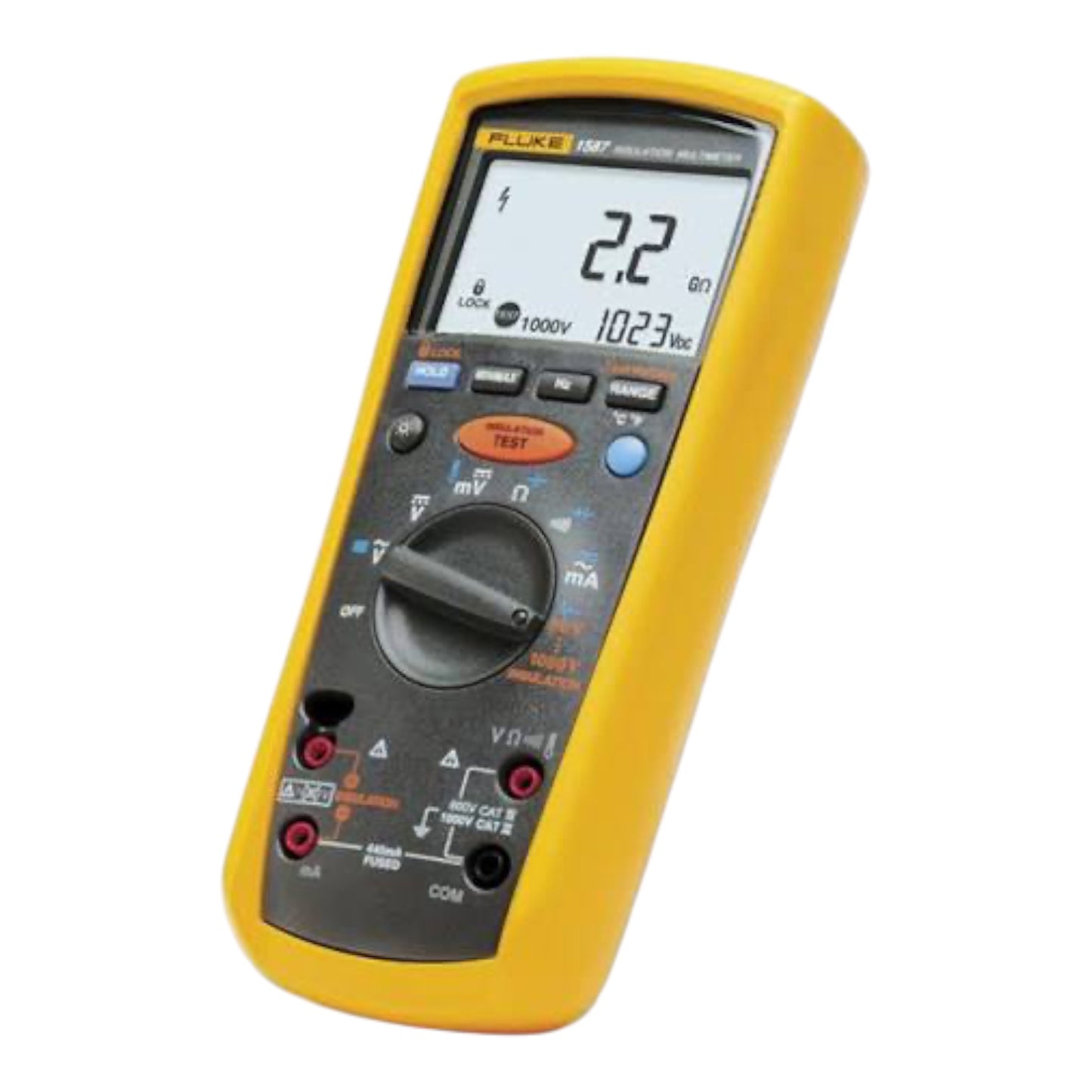 A Fluke multimeter with a bright yellow protective casing and a dark gray faceplate, shown on a plain white background.