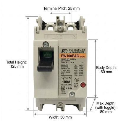 A dimension diagram of a RCD Full Electric FA Auto Breaker model EW100EAG-3P10, showing measurements for total height (125 mm), body depth (60 mm), width (50 mm), and maximum depth with toggle (80 mm).