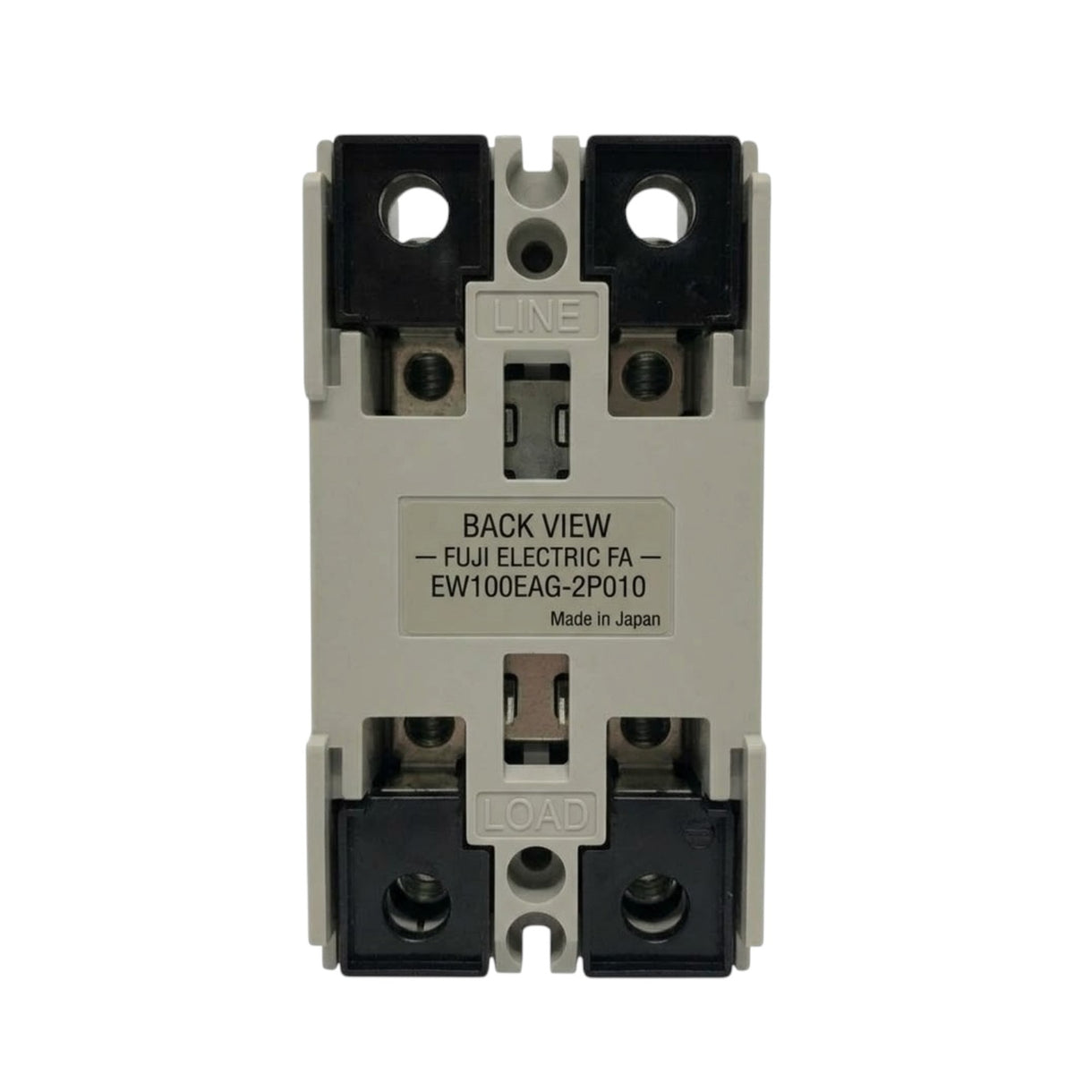 A Fuji Electric contactor back view, model EW100EAG-2P010, featuring a gray plastic body with black terminal blocks at the top and bottom, shown on a white background.
