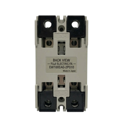 A Fuji Electric contactor back view, model EW100EAG-2P010, featuring a gray plastic body with black terminal blocks at the top and bottom, shown on a white background.