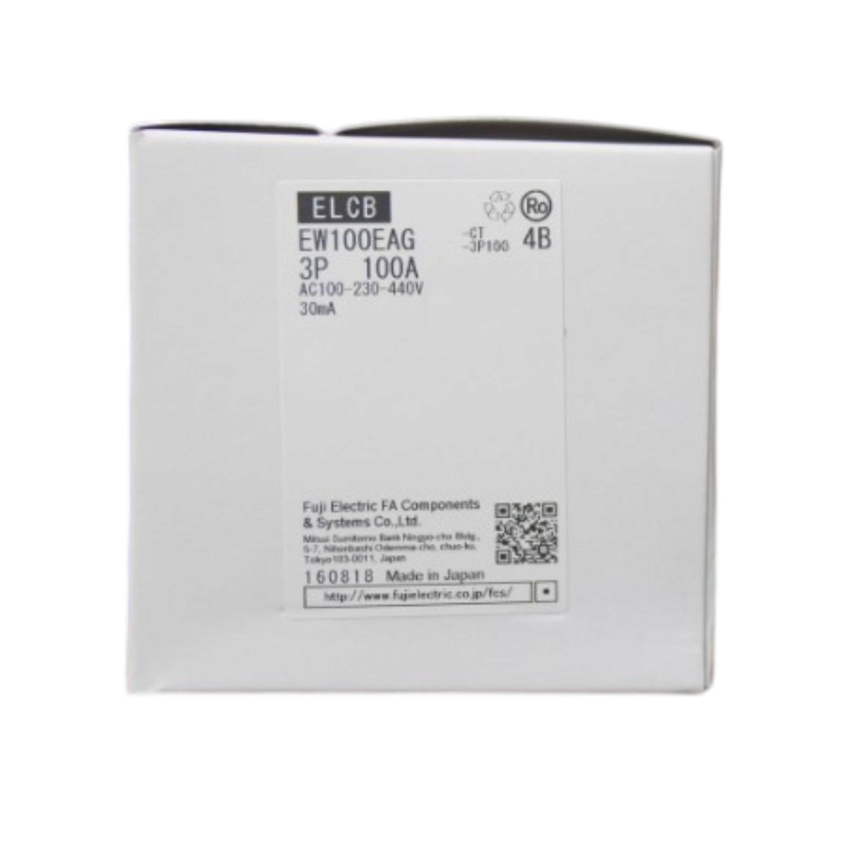 A white rectangular box for a Fujifilm ELCB EW100EAG 3P 100A electrical component, featuring printed specifications and a QR code on the front label.