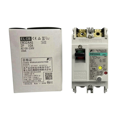 A Siemens ELCB circuit breaker shown next to its original product packaging box. The breaker is white with gold-toned metal terminals, a black switch handle, and a green and white label.