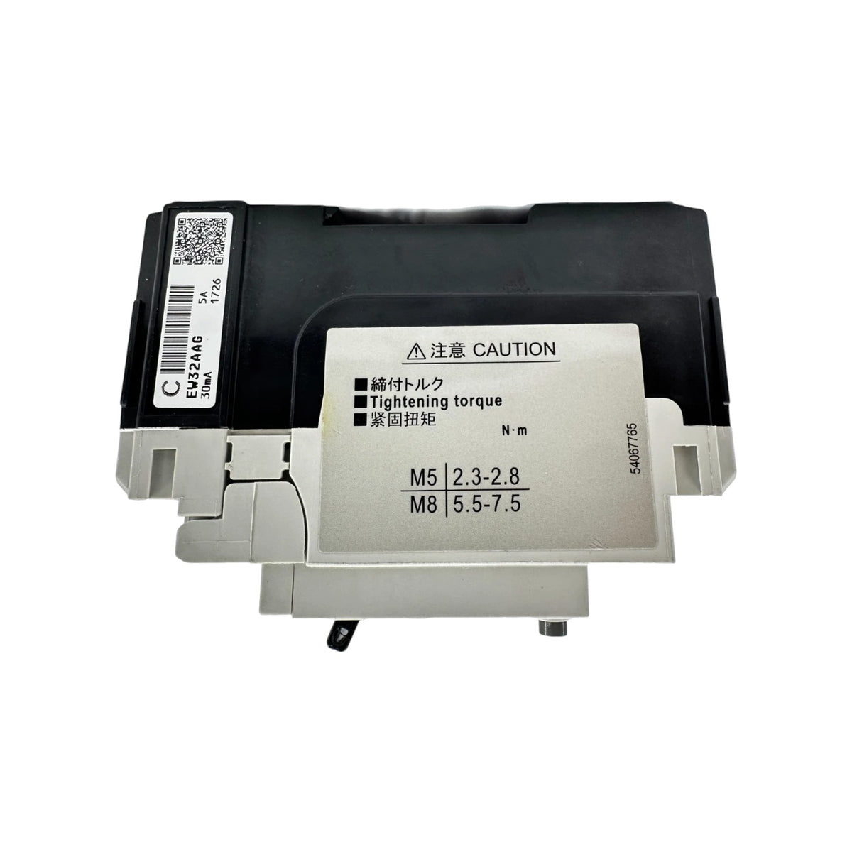 A black and gray industrial mechanical component, likely a torque sensor or adjustment assembly, featuring a white label with Japanese text, a barcode, and torque specifications.