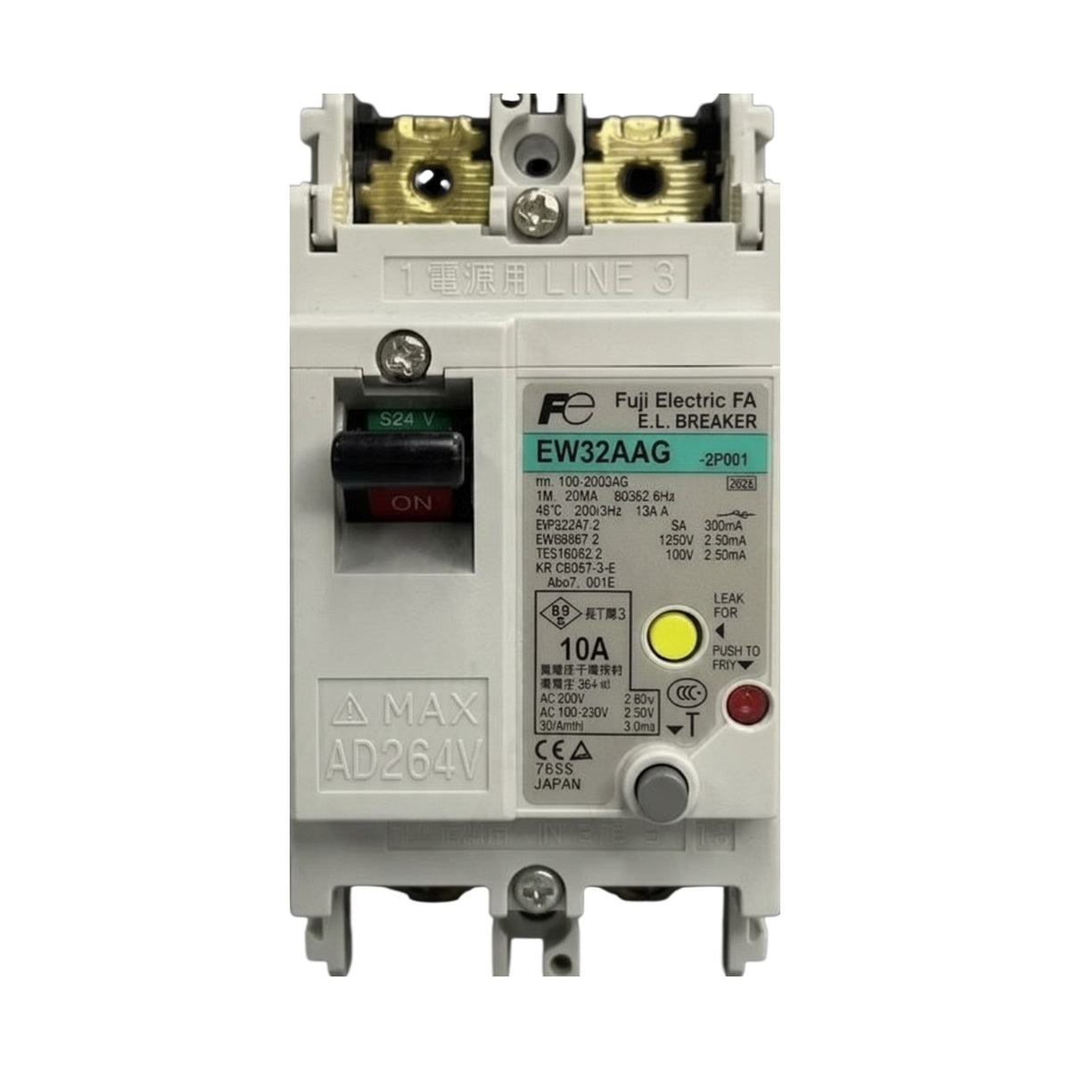 A Fuji Electric FW32AAG 3-phase electrical contact breaker with a gray plastic housing, black switch, and various colored terminal screws and labels.