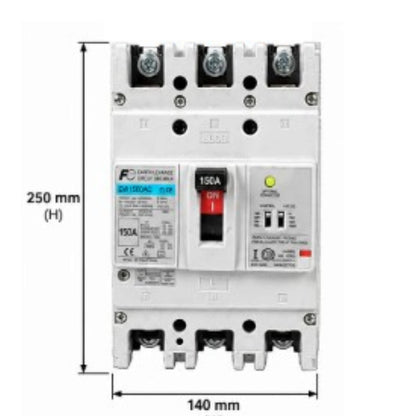 A white electrical circuit breaker with dimension markings showing 250 mm height and 140 mm width, on a plain white background.