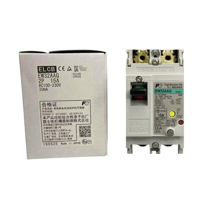 A 2P 15A AC100-230V molded circuit breaker shown next to its original packaging box. The breaker is white with black, green, and yellow details, and the box is white with black text.