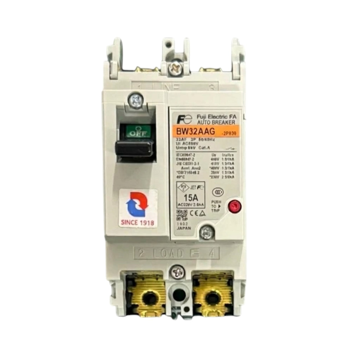 A Fujin Electric BW32AAG 15A AC motor circuit breaker with a beige plastic housing, a black single-pole switch, and gold-colored terminal connectors on a white background.