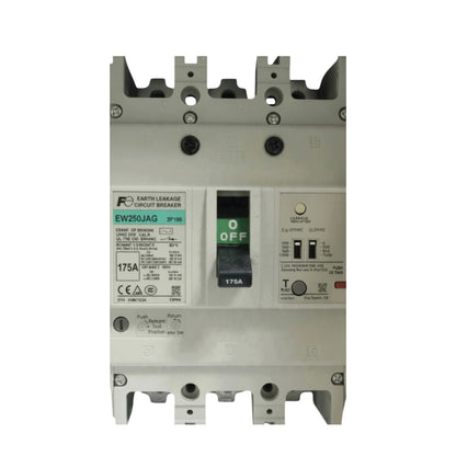 A 175A RC Earth Leakage Circuit Breaker with a front-mounted switch, featuring a gray plastic housing, black terminal blocks, and a green 'OFF' position indicator.