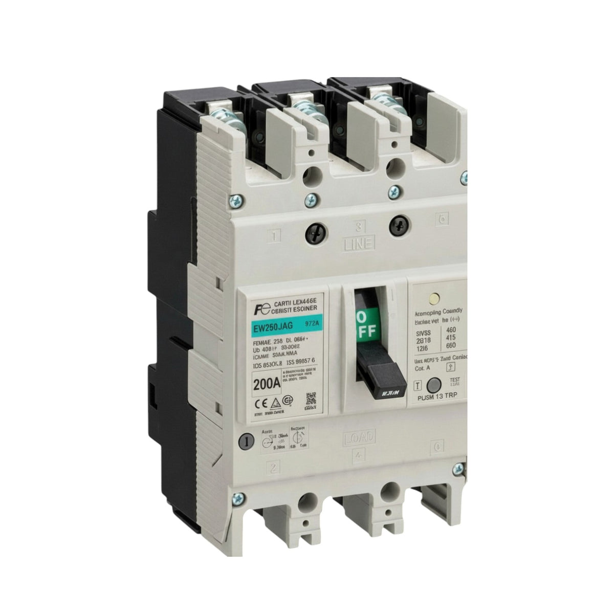 A 3-pole circuit breaker with a white plastic main housing, black side and top components, and a front switch handle, shown on a plain white background.