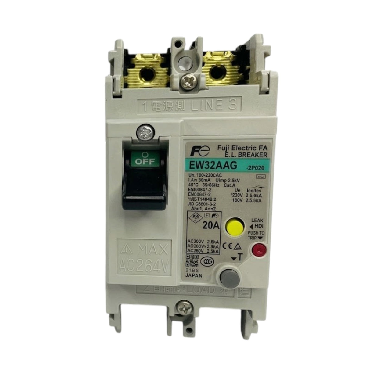 A Fuji Electric E.L Breaker electrical contactor, model EW32AAG, featuring a light gray plastic housing, a black switch, gold-colored terminal blocks, and yellow and red indicator buttons on a white background.