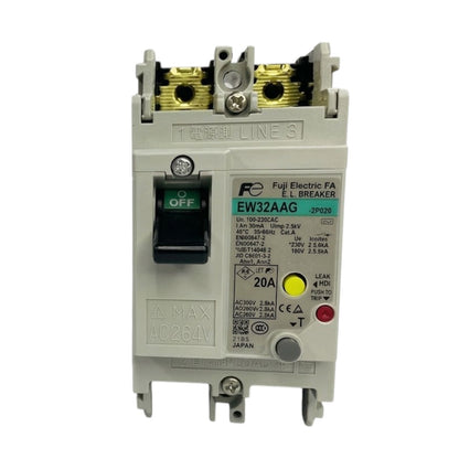 A Fuji Electric E.L Breaker electrical contactor, model EW32AAG, featuring a light gray plastic housing, a black switch, gold-colored terminal blocks, and yellow and red indicator buttons on a white background.