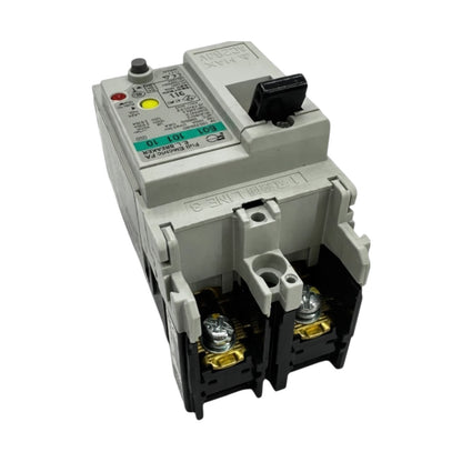 A molded electronic circuit breaker with a gray plastic housing, black switch, and black terminal base with gold-colored screw terminals, shown on a white background.