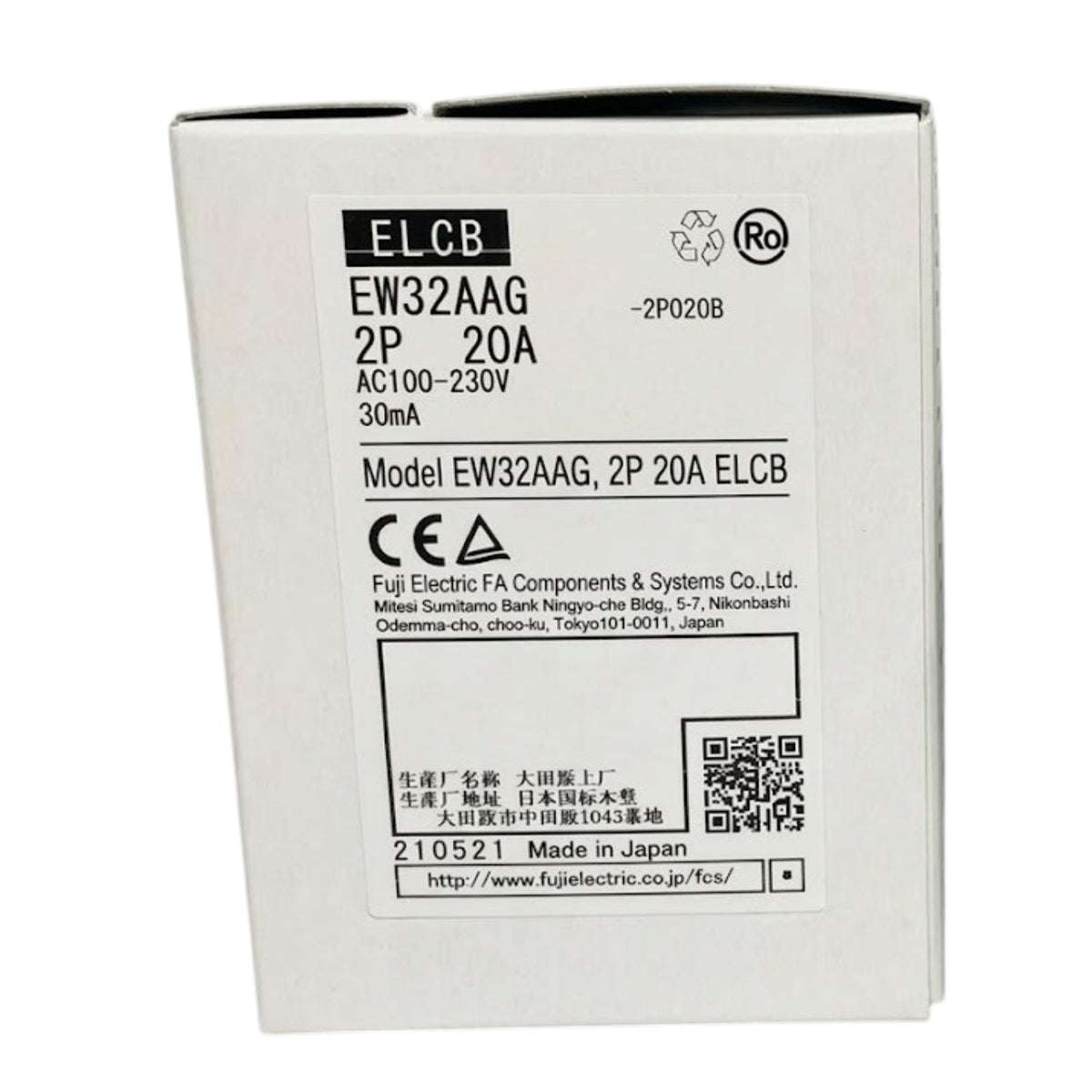 A white rectangular product box photographed on a white background, with printed black text including 'ELCB', 'EW32AAG', '2P 20A', 'AC100-230V', '30mA', and 'Fuji Electric FA Components & Systems Co., Ltd.