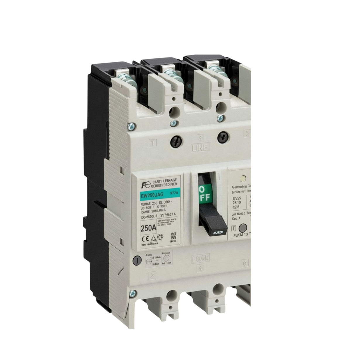 A Siemens modular electrical circuit breaker, model SWM40-AG3, featuring a white plastic main housing with black side components and a central handle showing the 'OFF' position.