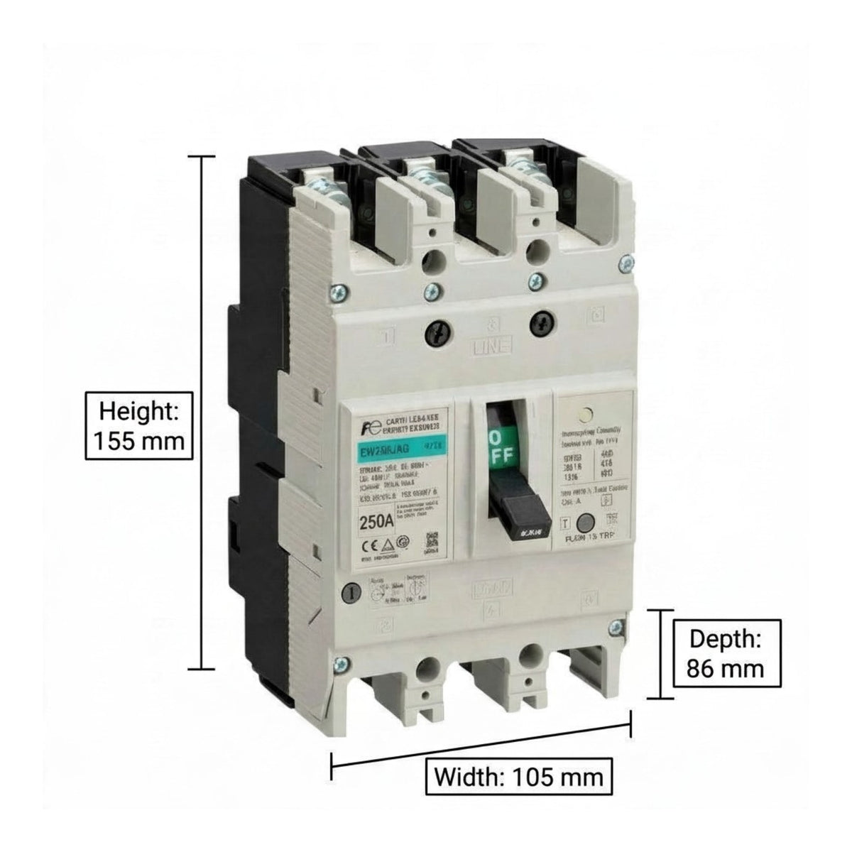A modular electrical circuit breaker with dimension callouts showing height 155 mm, depth 86 mm, and width 105 mm on a white background.