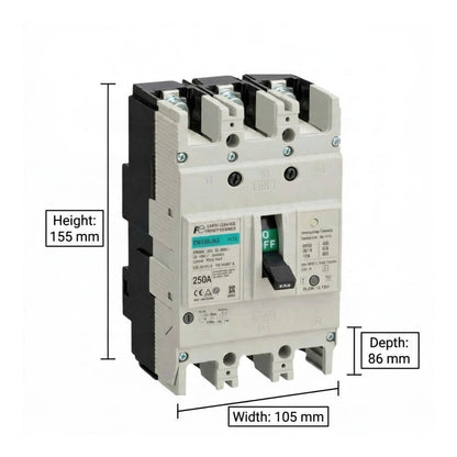 A modular electrical circuit breaker with dimension callouts showing height 155 mm, depth 86 mm, and width 105 mm on a white background.