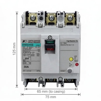 A 30A circuit breaker with dimension annotations showing 125 mm height, 75 mm width, and 65 mm to casing, on a white background.