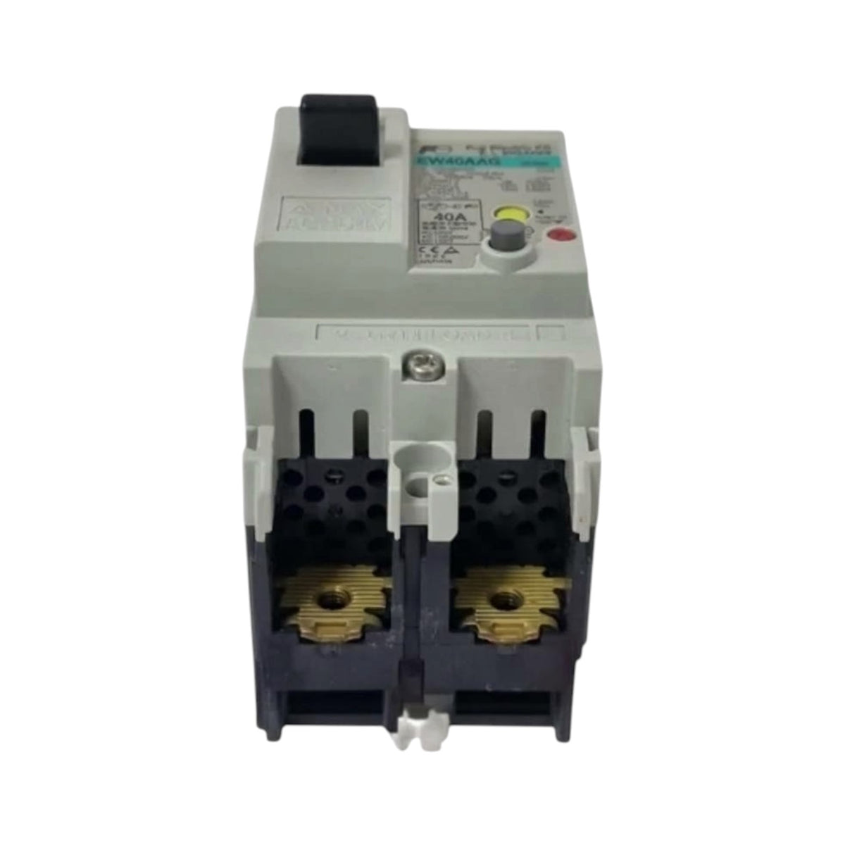 A two-pole circuit breaker with a gray plastic housing, black handle, and gold-colored metal terminals, shown against a plain white background.