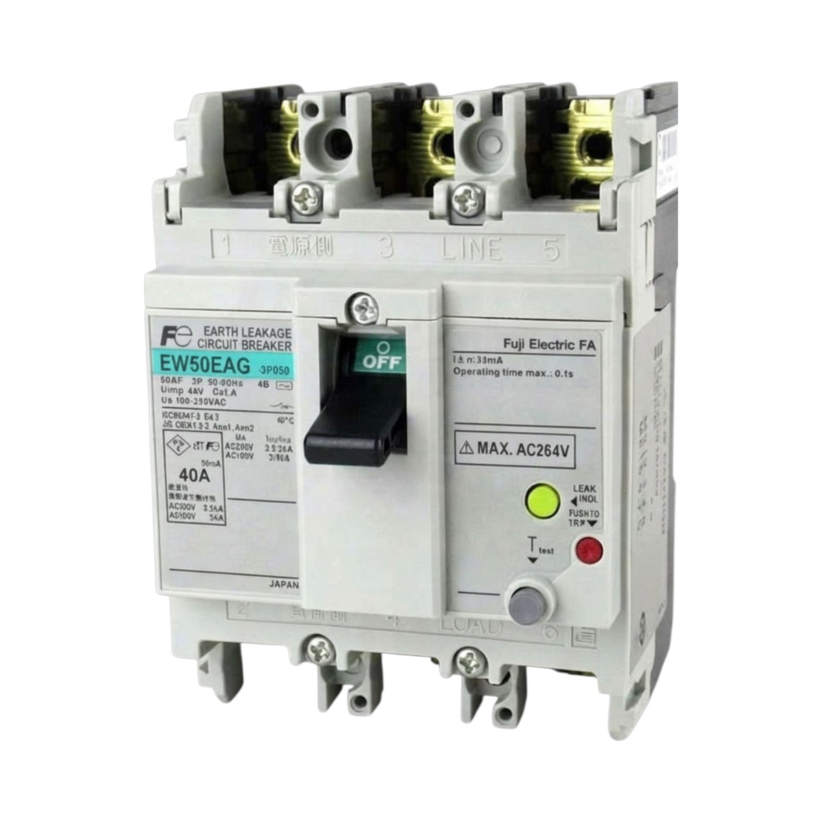 Fujin Electric FA circuit breaker model EW50EAG, 40A, 3-pole, with a black handle and white plastic housing, shown on a white background.