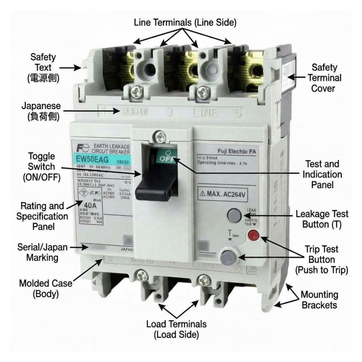 A labeled technical diagram of a Fusey Electric circuit breaker with callouts pointing to terminals, buttons, text labels, and other features on a white background.