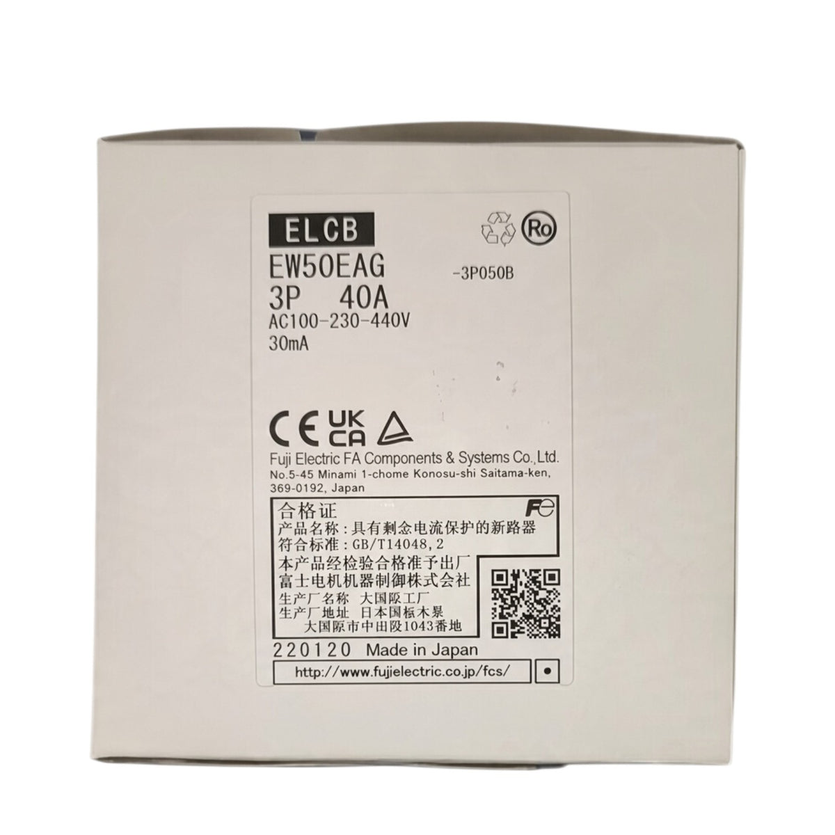 A square product box photographed against a plain white background. The front label shows the text ELCB, EW50EAG, 3P 40A, AC100-230-440V, 30mA, and Fuji Electric FA Components & Systems Co.