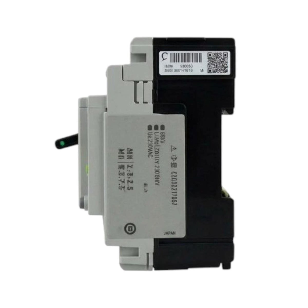 An industrial electrical contactor or relay component with a black and gray plastic housing, featuring printed specifications and a barcode label on a white background.