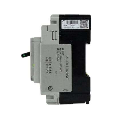 An industrial electrical contactor or relay component with a black and gray plastic housing, featuring printed specifications and a barcode label on a white background.