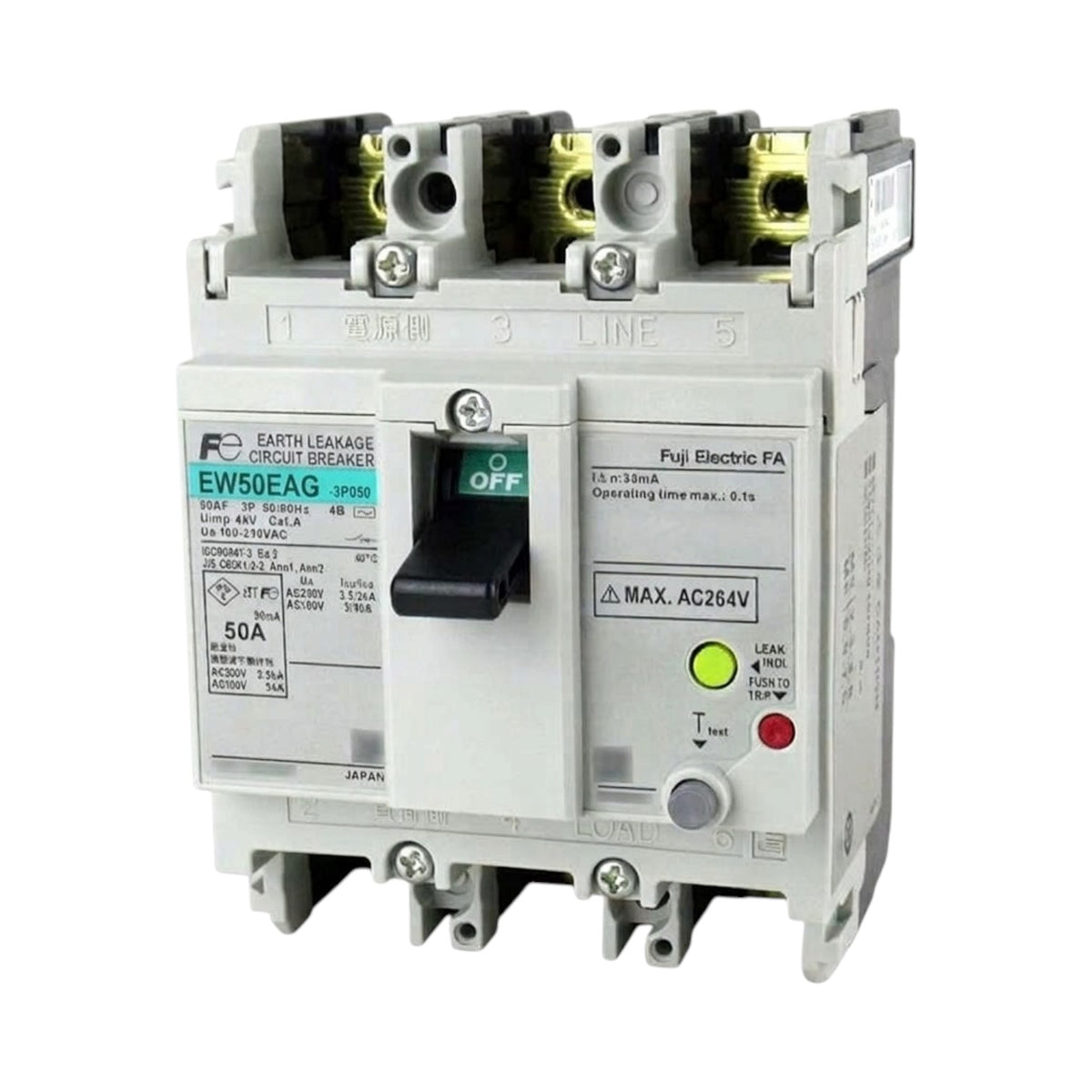 Fujitsu EL500EAG 50A earth leakage circuit breaker with a black switch handle, white plastic housing, and green and red indicator lights, shown on a white background.