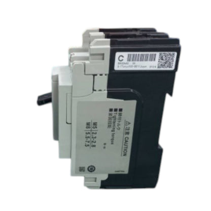 A Siemens industrial electrical contactor module, model M5 1-3-2-8, featuring a black main body, gray plastic components, and a white label with barcodes and safety instructions.