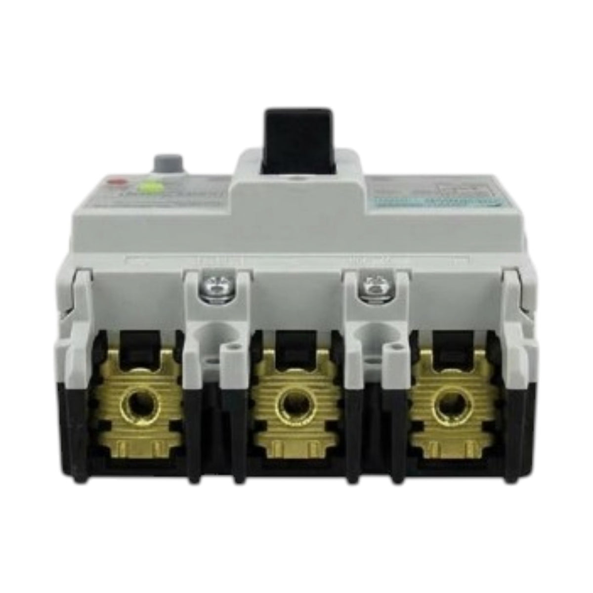 A three-phase electrical circuit breaker with a gray plastic housing, black top handle, and gold-colored metal terminal connectors on a white background.