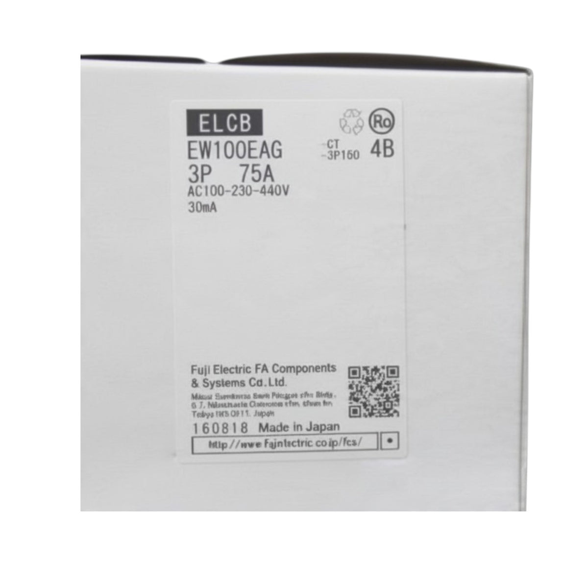 A white rectangular product box with printed black text, including 'ELCB', 'EW100EAG', '3P 75A', 'AC100-230-440V', '30mA', and 'Fuji Electric FA Components & Systems Co. Ltd.