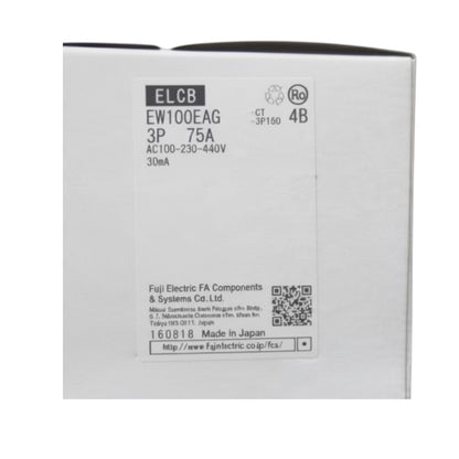 A white rectangular product box with printed black text, including 'ELCB', 'EW100EAG', '3P 75A', 'AC100-230-440V', '30mA', and 'Fuji Electric FA Components & Systems Co. Ltd.