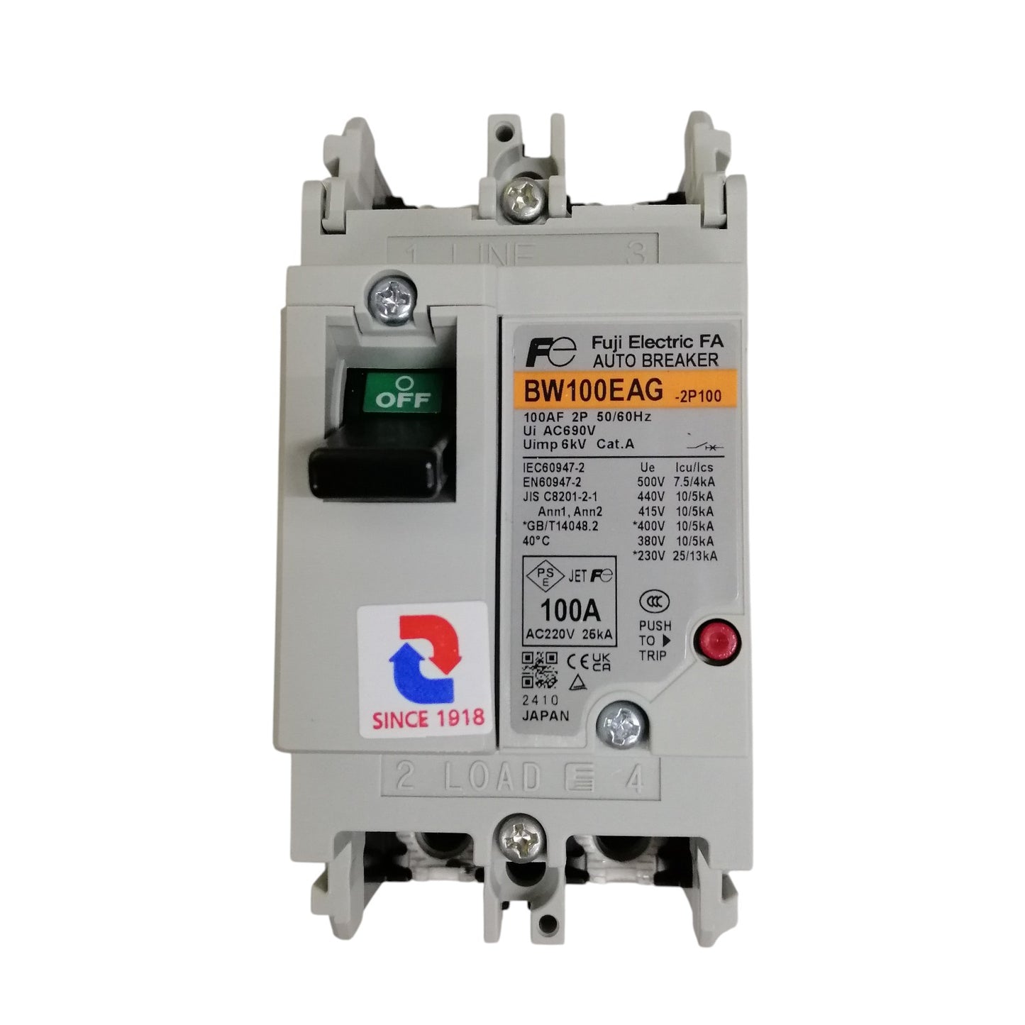 Fuji 100A MCCB molded case circuit breaker featuring an auto switch and voltage ratings for reliable performance