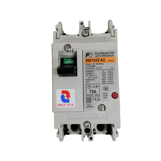 Fuji MCCB 75A circuit breaker with labeled specifications and a green off switch