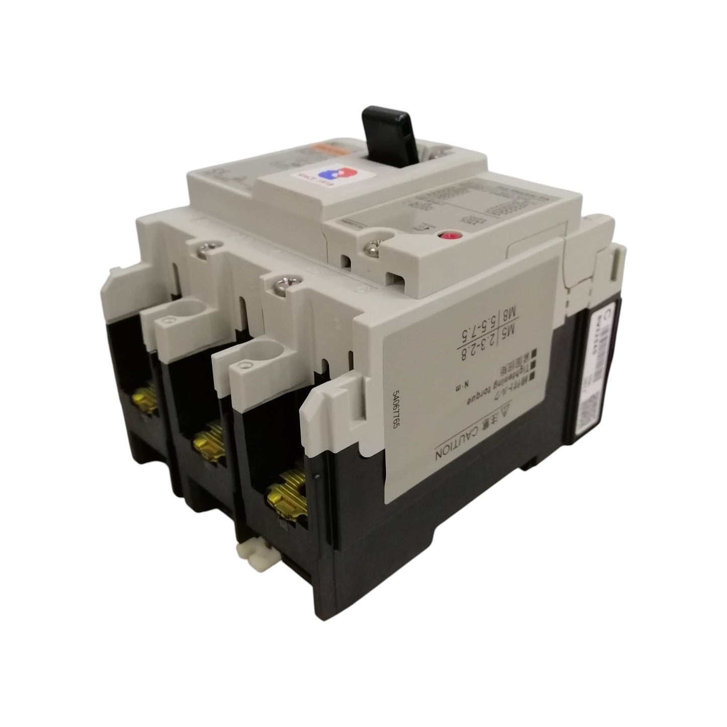 Fuji 10A 3 Pole MCCB circuit breaker. White and black three pole molded case breaker with toggle handle for panel protection