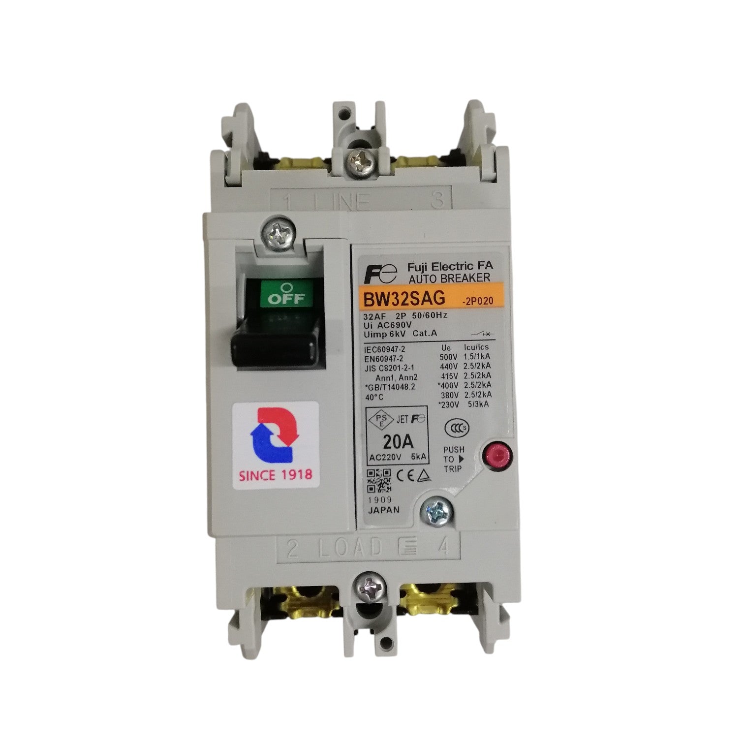 Fuji MCCB BW32SAG-CE 20A 2Pole 5kAIC. Gray 2 pole molded case circuit breaker with green OFF toggle and rating label