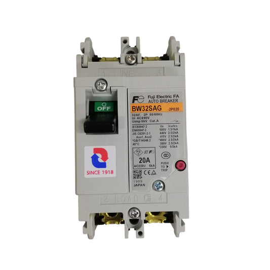 Fuji MCCB BW32SAG-CE 20A 2Pole 5kAIC. Gray 2 pole molded case circuit breaker with green OFF toggle and rating label