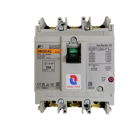 Fuji MCCB Molded Case Circuit Breaker BW50EAG-CE 20A 3Pole 5kAIC@230VAC, 2.5kAIC@380/440VAC, 1.5kAIC@500VAC Dimension (mm )75(W)x 100(H)x 60(D)
