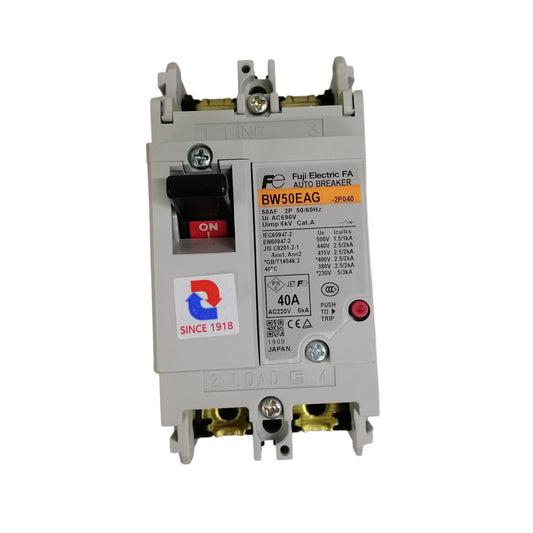 Fuji MCCB 40A 2 pole circuit breaker. Gray molded case two pole breaker with ON switch and terminal connections