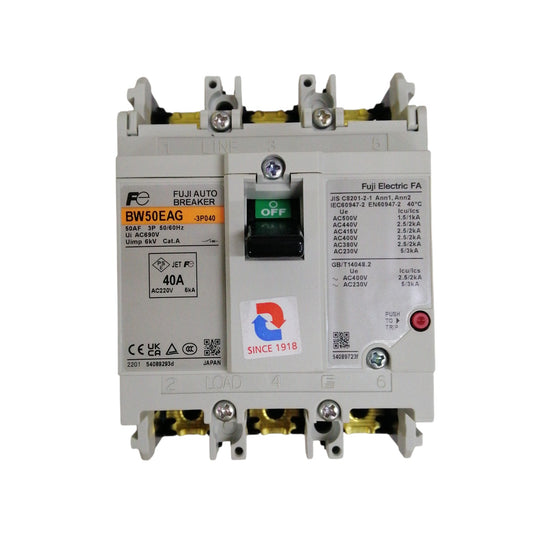 Fuji MCCB Molded Case Circuit Breaker BW50EAG-CE 40A 3Pole 5kAIC@230VAC, 2.5kAIC@380/440VAC, 1.5kAIC@500VAC Dimension (mm )75(W)x 100(H)x 60(D)
