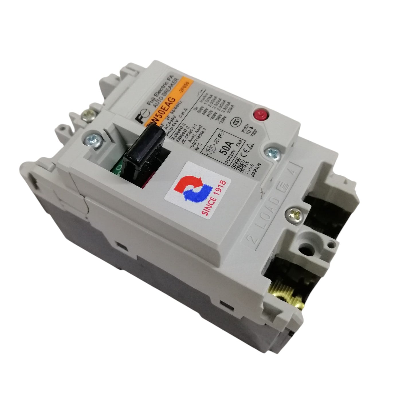 Fuji 50A molded case circuit breaker white gray unit with black toggle and screw terminals for industrial panels