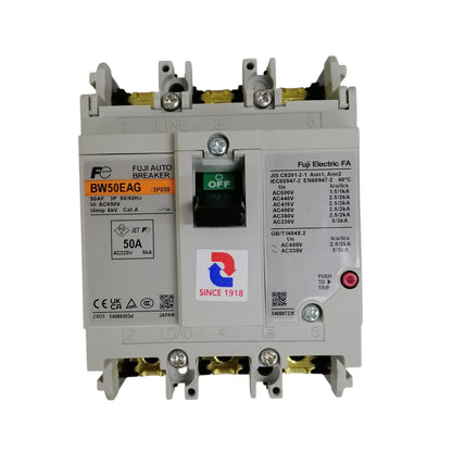 Fuji MCCB Molded Case Circuit Breaker BW50EAG-CE 50A 3Pole 5kAIC@230VAC, 2.5kAIC@380/440VAC, 1.5kAIC@500VAC Dimension (mm )75(W)x 100(H)x 60(D)